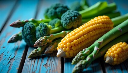 Wall Mural - Fresh vibrant corn, broccoli, and asparagus on a rustic light blue wooden surface