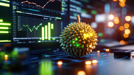 Aufkleber - 3D digital model of durian fruit on futuristic interface, showcasing data analytics and vibrant lights. unique texture of durian contrasts with high tech background