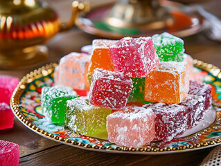 Colorful pieces of Turkish delight on a decorative plate, a traditional oriental treat for the Ramadan holiday