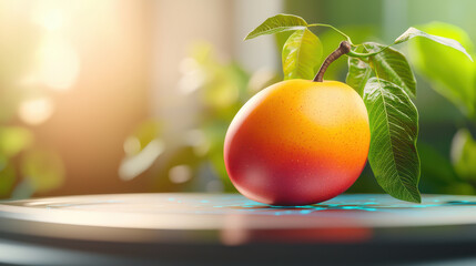 Poster - vibrant mango with green leaves sits on high tech surface, surrounded by lush background. warm colors evoke sense of freshness and vitality
