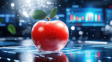 Fototapete - 3D digital model of red apple surrounded by advanced technology, showcasing blend of nature and innovation. vibrant colors and futuristic background create captivating visual experience