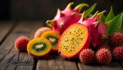 Wall Mural - Exotic Fruits Still Life Featuring Dragon Fruit, Kiwi, and Rambutan on Wooden Surface