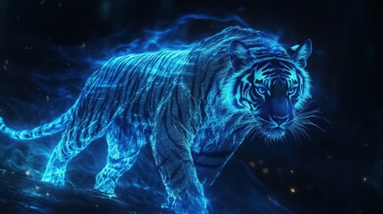 Canvas Print - A Blue Fire Tiger Stalks Through The Night