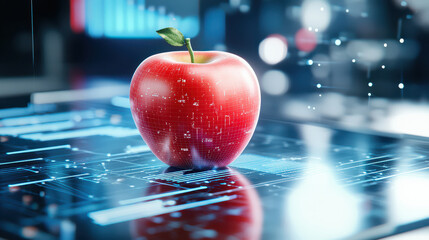Aufkleber - 3D model of red apple on futuristic analytics table, showcasing digital data and technology. scene conveys innovation and modernity in tech driven environment