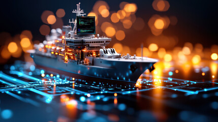 Leinwandbilder - 3D rendering of futuristic ship integrated with advanced technology, featuring glowing lights and digital interface, set against vibrant background
