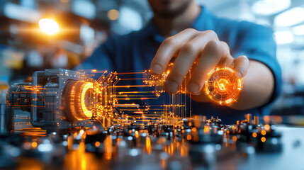 Leinwandbilder - Industrial model with digital integration, showcasing technology and innovation. image captures hand interacting with futuristic device, symbolizing advanced engineering and creativity