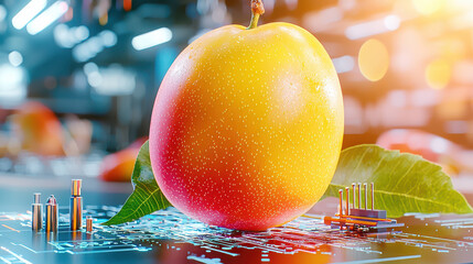 Aufkleber - vibrant mango rests on digital circuit board, symbolizing fusion of nature and technology. bright colors and intricate details create striking visual contrast