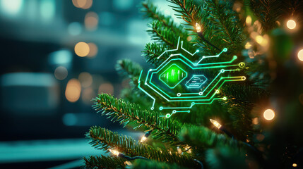 Poster - close up of Christmas tree adorned with glowing digital circuitry, blending traditional holiday decor with modern technology. vibrant green lights create festive yet futuristic atmosphere