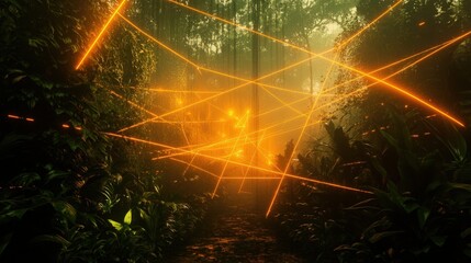 Canvas Print - Luminous Lines Intersect a Dense Tropical Forest Path