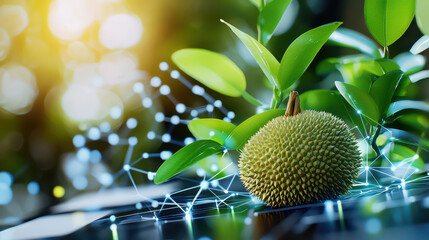 Aufkleber - close up of durian surrounded by green leaves in digital modeling environment, showcasing blend of nature and technology. scene evokes sense of innovation and freshness