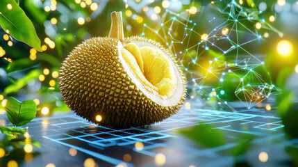 Aufkleber - close up of durian in digital modeling environment, surrounded by vibrant greenery and glowing elements, showcasing its unique texture and color