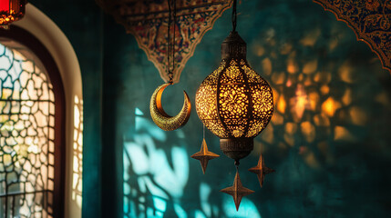 Wall Mural - A decorative chandelier with crescent and star motifs, casting intricate patterns on the walls