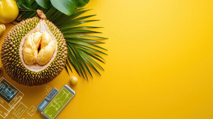 Aufkleber - close up of durian fruit on vibrant yellow background, surrounded by tropical leaves and digital analysis elements, showcasing its unique texture and color