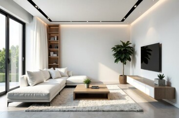 Modern living room with white sofas, a minimalist coffee table, indoor plants, and large windows letting in natural light, featuring neutral tones and wooden accents