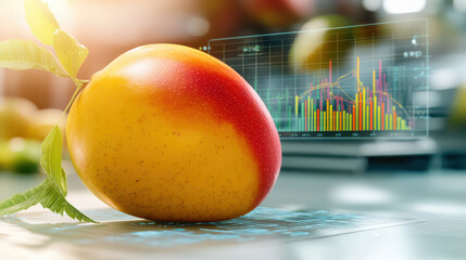 Poster - close up of ripe mango on digital modeling surface, showcasing vibrant colors and data visualization overlay. image conveys blend of nature and technology