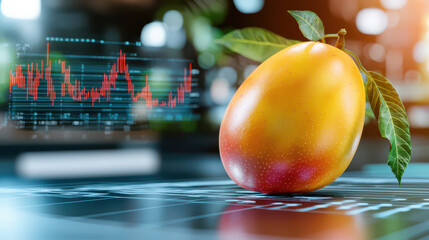 Poster - ripe mango on digital modeling surface with data graphs in background, symbolizing freshness and technology