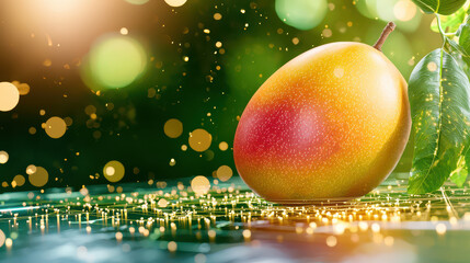 Aufkleber - close up of ripe mango with vibrant color, set in digital modeling environment, surrounded by sparkling lights and lush green background