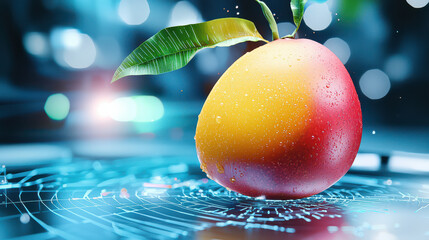 Aufkleber - close up of ripe mango with droplets, set in digital modeling environment, showcasing vibrant colors and glossy texture. scene evokes freshness and modernity