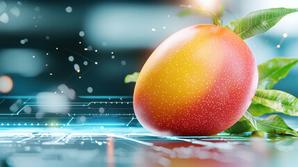 Aufkleber - close up of ripe mango with vibrant colors, set in digital modeling environment, showcasing blend of nature and technology. mango is surrounded by abstract digital elements
