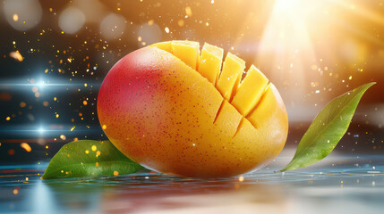Aufkleber - vibrant mango with sliced pieces, surrounded by sparkling light and leaves, evokes freshness and tropical delight