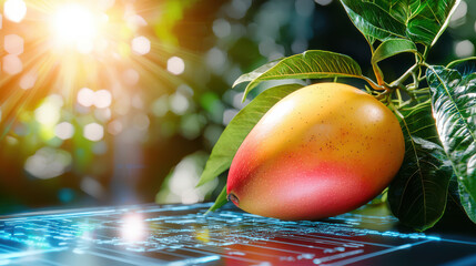 Aufkleber - ripe mango resting on digital surface, surrounded by lush greenery and sunlight, evokes sense of freshness and innovation