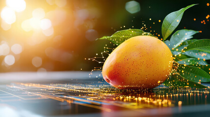 Poster - ripe mango with vibrant colors sits on digital surface, surrounded by glowing particles and leaves, symbolizing fusion of nature and technology