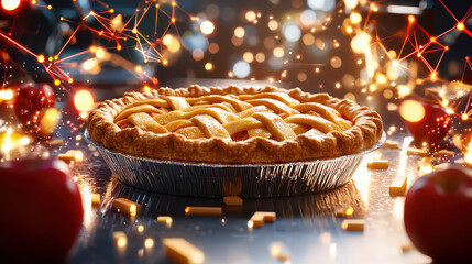 Aufkleber - close up of delicious apple pie surrounded by sparkling lights and apples, creating festive atmosphere. golden crust and intricate lattice design highlight pie appeal