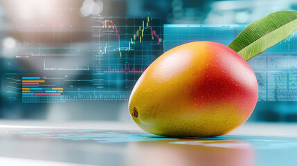 Poster - ripe mango with green leaf sits on digital surface, surrounded by data charts and graphs, symbolizing freshness and technology