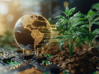 Digital World with Green Plant and Circuit Board Representing Technology and Sustainability Concept in Modern Environment