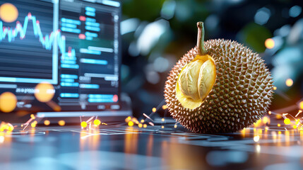 Poster - detailed 3D rendering of durian fruit on technology focused background, showcasing data graphs and digital elements, creating unique blend of nature and technology