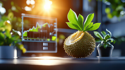 Poster - detailed 3D rendering of durian fruit with leaves, set against technology focused background featuring graphs and plants. scene conveys innovation and nature