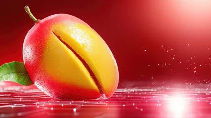 Aufkleber - detailed close up of ripe mango with futuristic design, showcasing vibrant colors and sleek appearance. background features tech inspired aesthetic, enhancing fruit allure