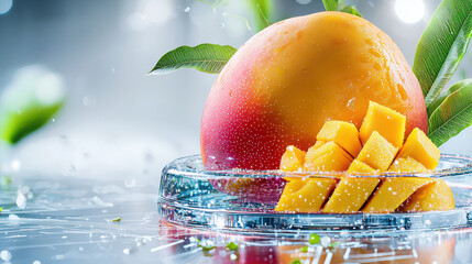 Aufkleber - vibrant mango with glossy surface sits on glass plate, surrounded by fresh mango cubes. background features futuristic, tech inspired ambiance, enhancing fruit appeal