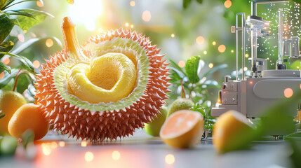 Poster - detailed digital model of durian fruit surrounded by tropical plants and modern machine. scene is vibrant and lively, showcasing unique texture and color of durian