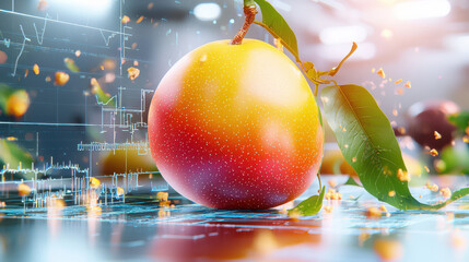 Aufkleber - detailed digital model of ripe mango with vibrant colors and leaves, set against futuristic background. image conveys freshness and innovation