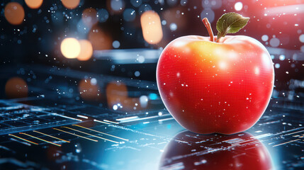 Aufkleber - detailed digital model of red apple on futuristic background, showcasing advanced technology elements and vibrant atmosphere. apple symbolizes freshness and innovation