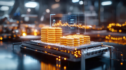 Fototapete - Digital currency concept with glowing coins and analytics tools