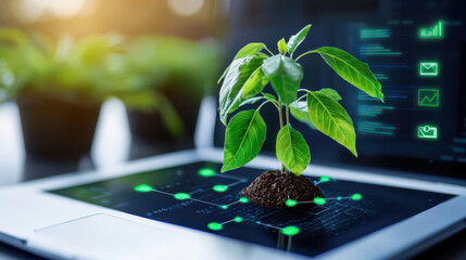 Aufkleber - small green plant growing from soil on laptop screen, symbolizing digital growth and sustainability. background features digital icons and graphs, representing technology and innovation