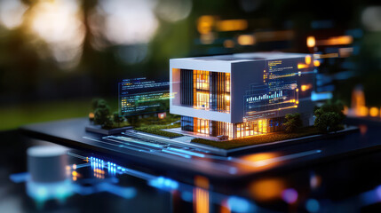 Poster - digital model of modern building surrounded by technological elements, showcasing innovation and design. structure features sleek lines and illuminated windows, creating futuristic atmosphere