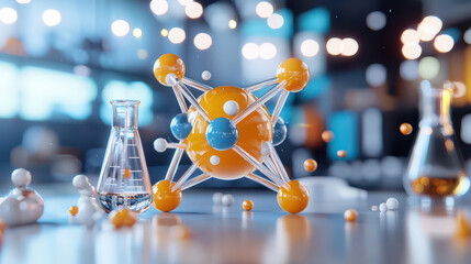 Poster - digital model of chemical element with vibrant colors, showcasing atoms and molecules in laboratory setting. scene is illuminated with soft bokeh lights, creating scientific atmosphere