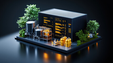 Aufkleber - digital model of coffee processing facility showcasing tanks, machinery, and greenery. design emphasizes modern technology and efficiency in coffee production
