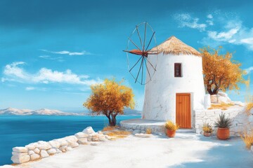Aufkleber - A flat 2D depiction of a traditional Zakynthos windmill on a hilltop, with olive trees and a vibrant blue sky, drawn on a clean white background
