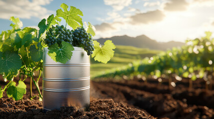 Aufkleber - digital model of grape vineyard showcasing lush green leaves and ripe grapes in metallic container, highlighting integration of technology in agriculture