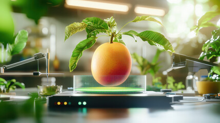 Fototapete - digital model of ripe mango surrounded by technology, showcasing innovation and nature beauty in modern setting. vibrant colors and futuristic design create engaging atmosphere