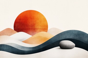 Poster - A minimalist flat design of a Zen rock garden with a single smooth stone and perfectly raked concentric sand patterns, set on a soft pastel background