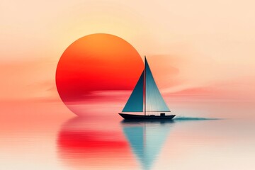 Wall Mural - A minimalist flat design of a dhow boat sailing on calm turquoise waters, with clean, bold shapes and a pastel sunset background