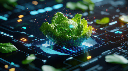 Aufkleber - digital model of vegetable, showcasing lettuce with futuristic design, surrounded by glowing elements and leaves, representing technology and nature
