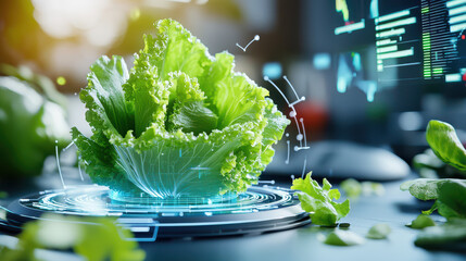 Leinwandbilder - digital model of lettuce undergoing technological transformation, showcasing innovation in agriculture. vibrant green leaves highlight future of food production