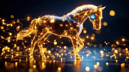 Aufkleber - digital model of horse illuminated with glowing lights, showcasing futuristic design. horse appears to be enhanced with real time animation, creating captivating visual effect