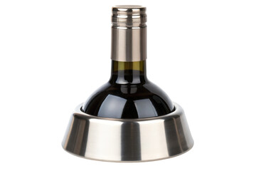 Red wine bottle in a metallic wine cooler isolated with transparent background